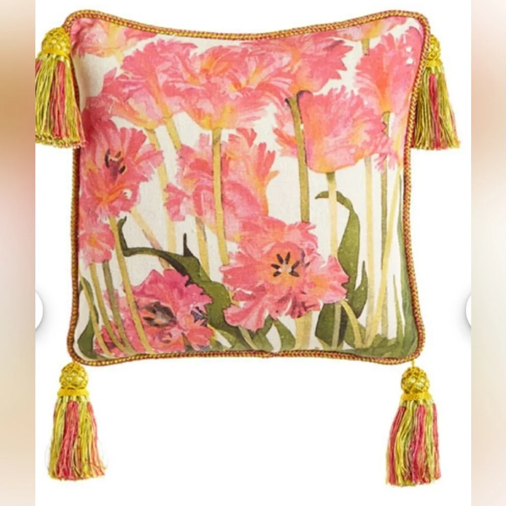 Mackenzie-Childs Parrot Tulip Check Tassled Pillow ■ Retired Vintage Design